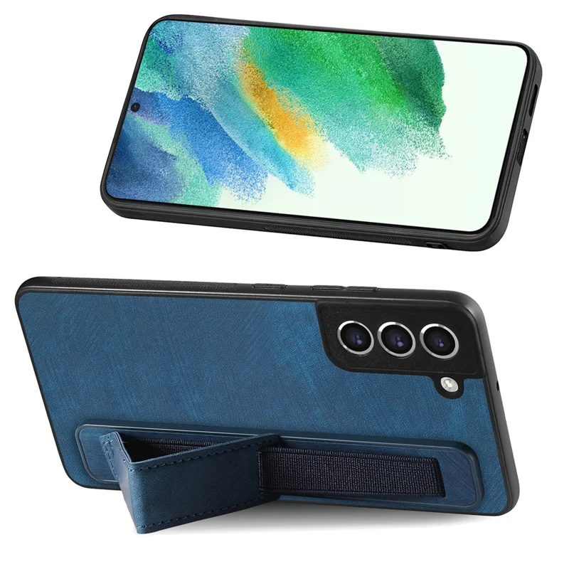 D11 For Samsung Galaxy S21 FE 5G Phone Case Wristband Kickstand Leather Back Cover - Blue