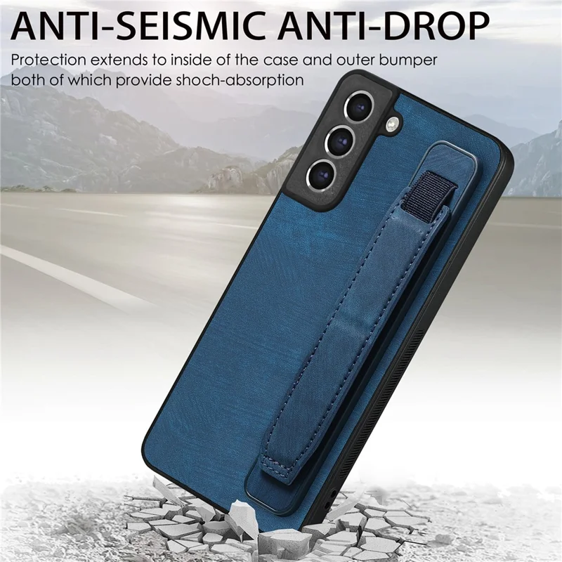 D11 For Samsung Galaxy S21 FE 5G Phone Case Wristband Kickstand Leather Back Cover - Blue