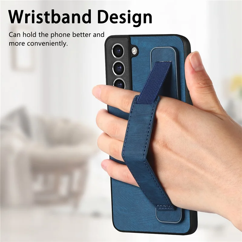 D11 For Samsung Galaxy S21 FE 5G Phone Case Wristband Kickstand Leather Back Cover - Blue