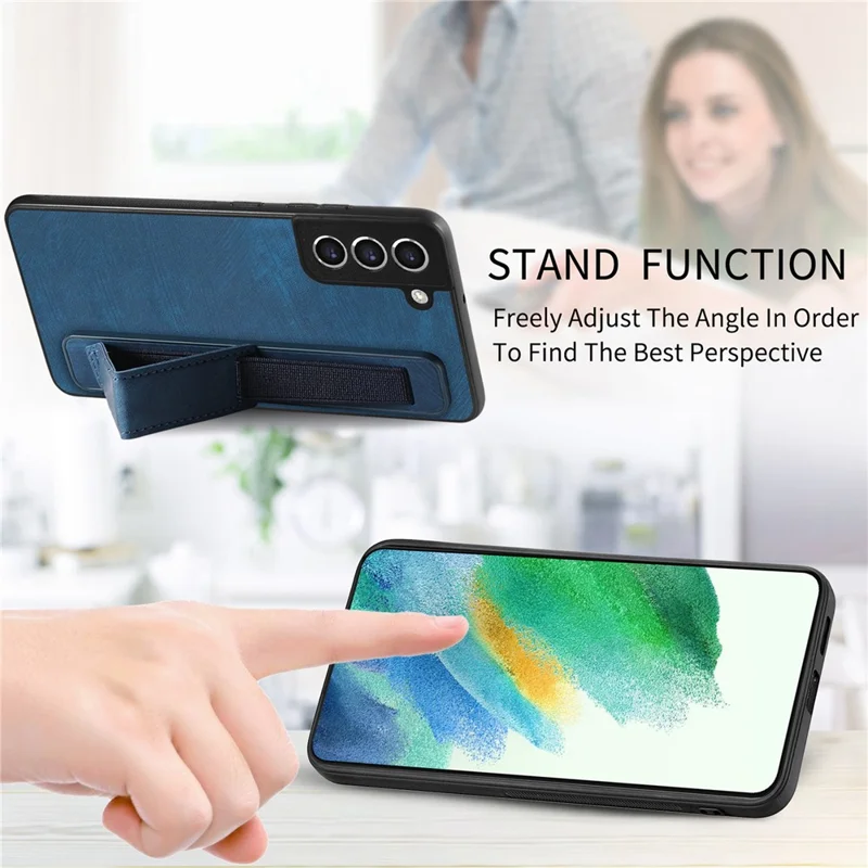 D11 For Samsung Galaxy S21 FE 5G Phone Case Wristband Kickstand Leather Back Cover - Blue