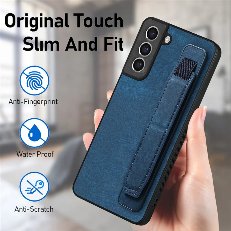 D11 For Samsung Galaxy S21 FE 5G Phone Case Wristband Kickstand Leather Back Cover - Blue