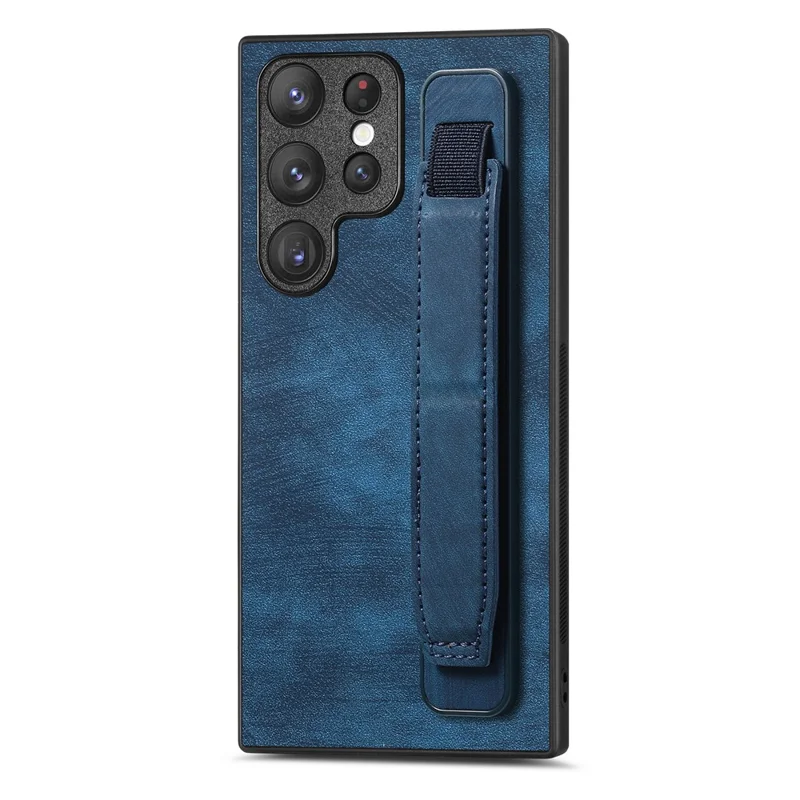 D11 For Samsung Galaxy S22 Ultra 5G Case Wristband Kickstand Leather Coated TPU Protective Cover - Blue
