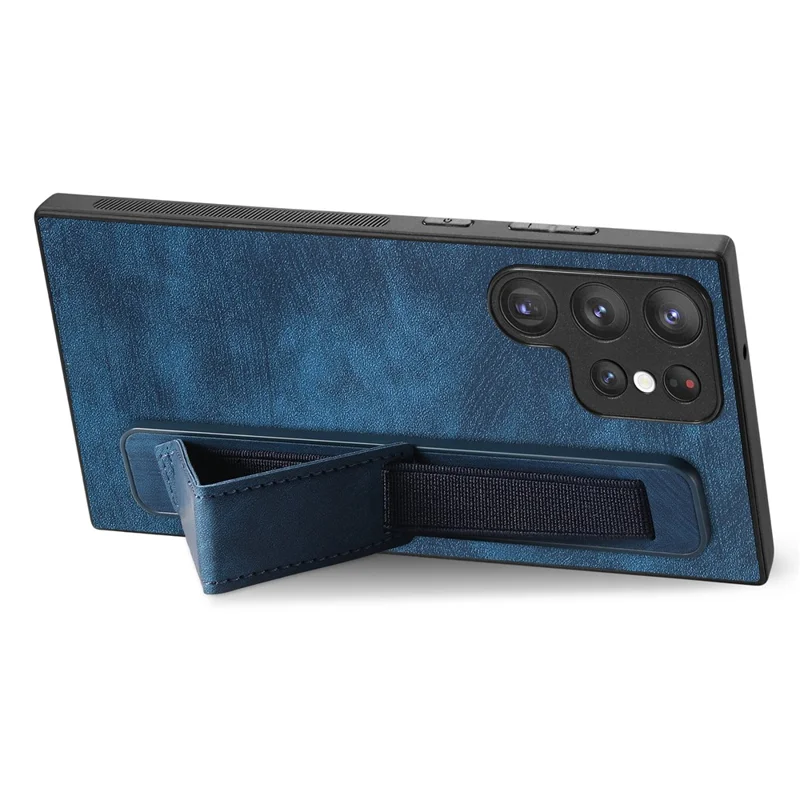 D11 For Samsung Galaxy S22 Ultra 5G Case Wristband Kickstand Leather Coated TPU Protective Cover - Blue