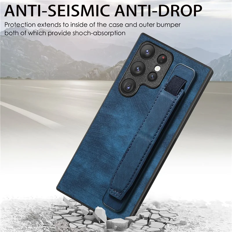 D11 For Samsung Galaxy S22 Ultra 5G Case Wristband Kickstand Leather Coated TPU Protective Cover - Blue