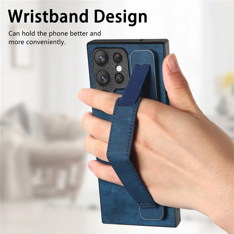 D11 For Samsung Galaxy S22 Ultra 5G Case Wristband Kickstand Leather Coated TPU Protective Cover - Blue