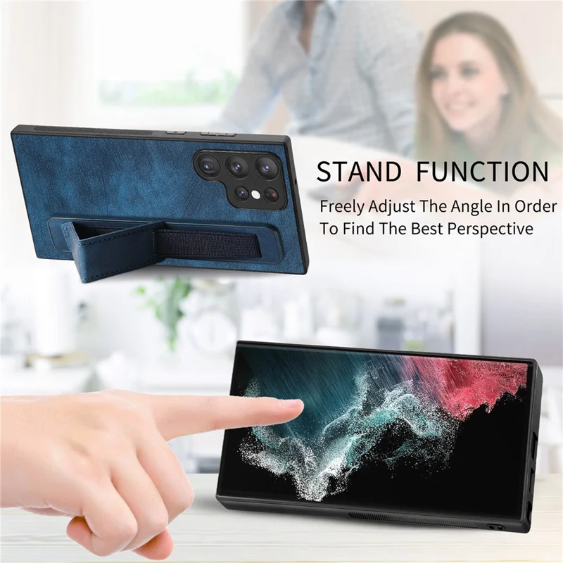 D11 For Samsung Galaxy S22 Ultra 5G Case Wristband Kickstand Leather Coated TPU Protective Cover - Blue
