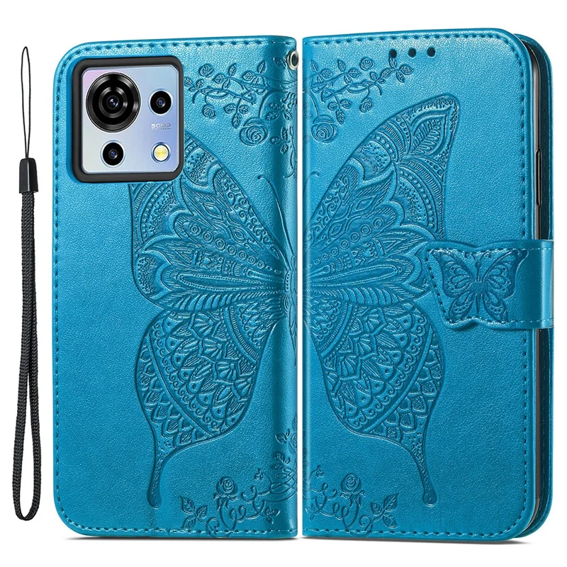 For ZTE Blade V50 Vita Cell Phone Case Butterfly Pattern Magnetic Clasp Leather Anti-drop Cover - Blue