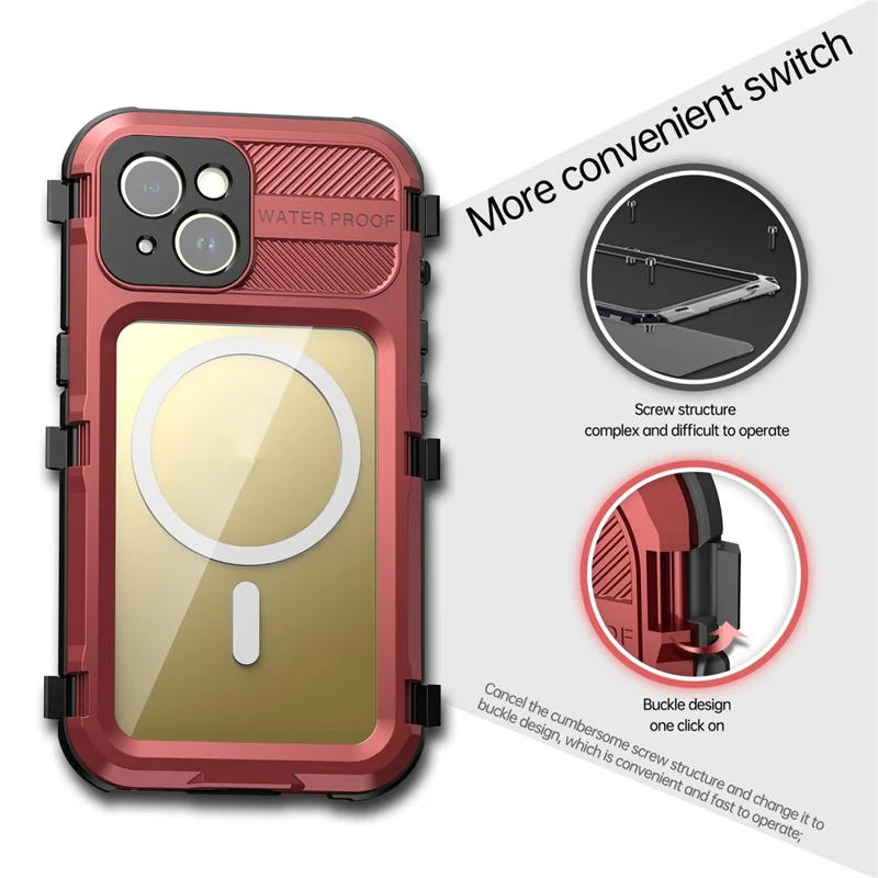 SHELLBOX M Series Metal IP68 Diving Case for iPhone 15 Waterproof Case Compatible with MagSafe - Red