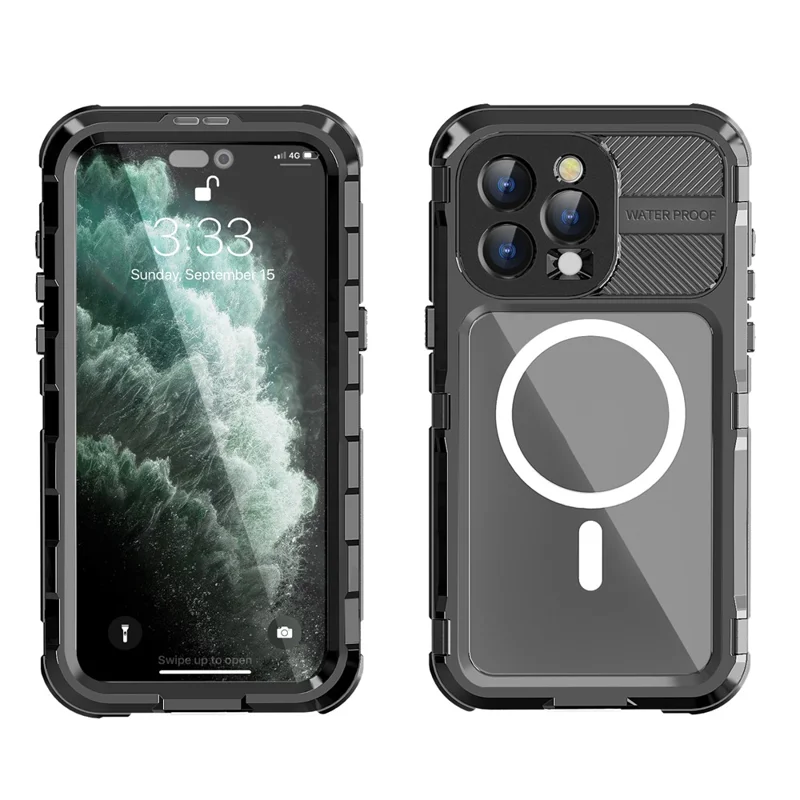 SHELLBOX M Series for iPhone 15 Pro Waterproof Case Compatible with MagSafe Aluminum Alloy IP68 Diving Case - Black