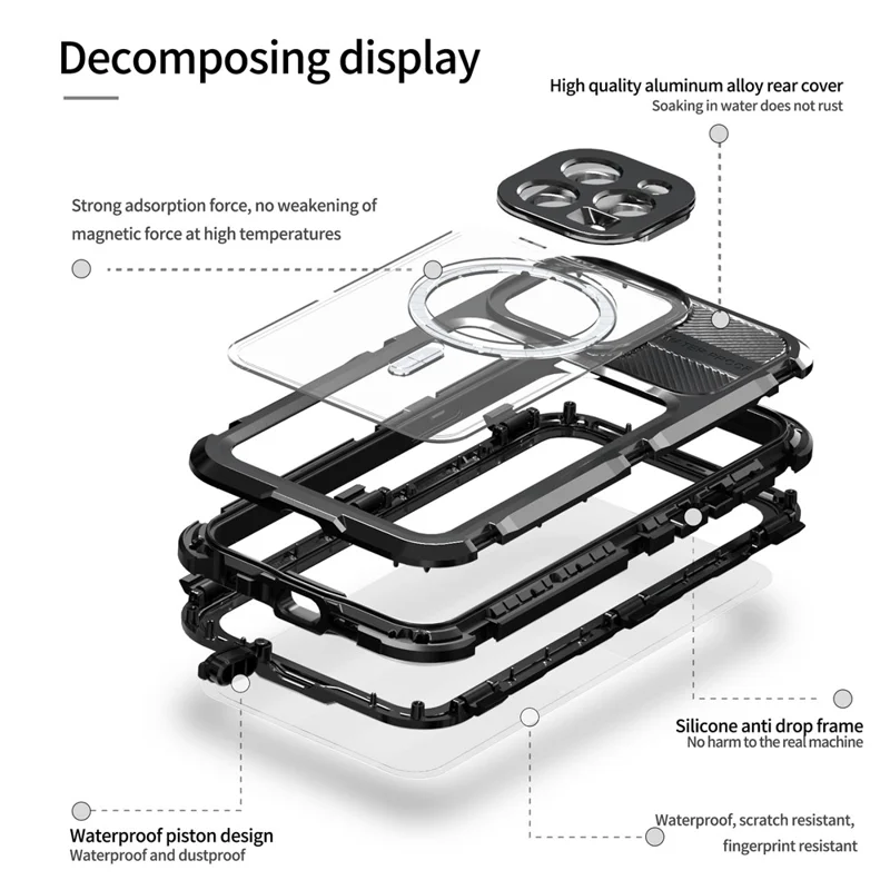 SHELLBOX M Series for iPhone 15 Pro Waterproof Case Compatible with MagSafe Aluminum Alloy IP68 Diving Case - Black