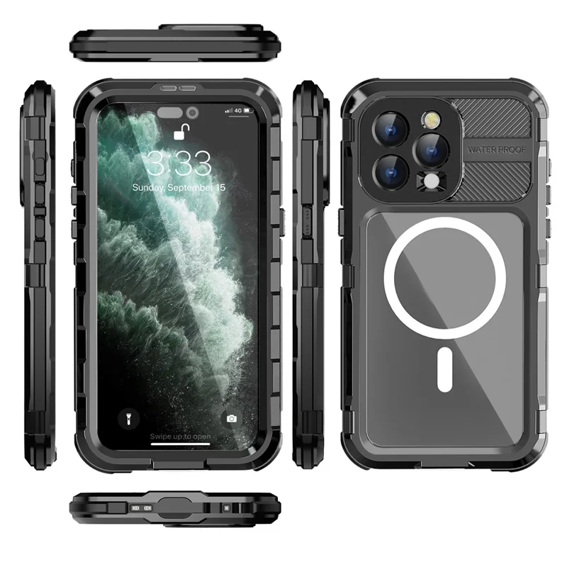 SHELLBOX M Series for iPhone 15 Pro Waterproof Case Compatible with MagSafe Aluminum Alloy IP68 Diving Case - Black