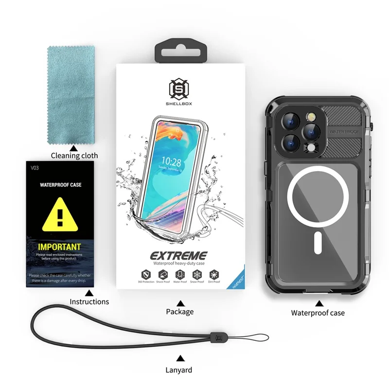 SHELLBOX M Series for iPhone 15 Pro Waterproof Case Compatible with MagSafe Aluminum Alloy IP68 Diving Case - Black