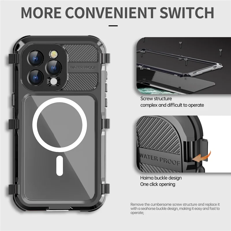 SHELLBOX M Series for iPhone 15 Pro Waterproof Case Compatible with MagSafe Aluminum Alloy IP68 Diving Case - Black