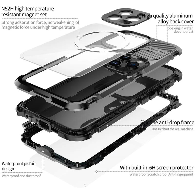 SHELLBOX M Series IP68 Waterproof Case for iPhone 15 Pro Max Case Metal Diving Phone Case Compatible with MagSafe - Black