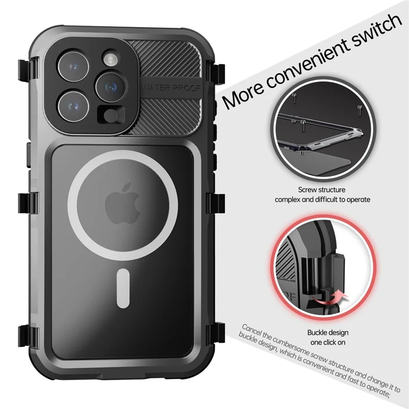 SHELLBOX M Series IP68 Waterproof Case for iPhone 15 Pro Max Case Metal Diving Phone Case Compatible with MagSafe - Black