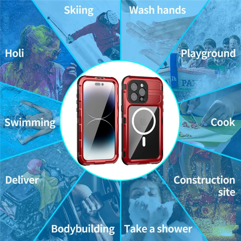 SHELLBOX M Series IP68 Waterproof Case for iPhone 15 Pro Max Case Metal Diving Phone Case Compatible with MagSafe - Red