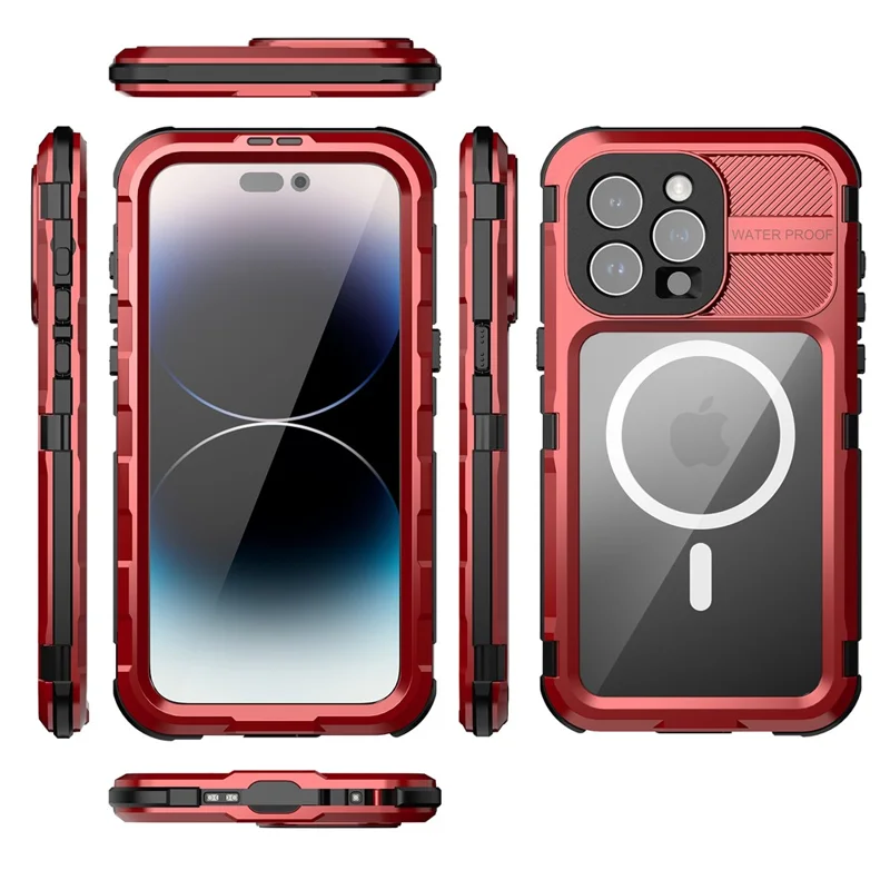SHELLBOX M Series IP68 Waterproof Case for iPhone 15 Pro Max Case Metal Diving Phone Case Compatible with MagSafe - Red