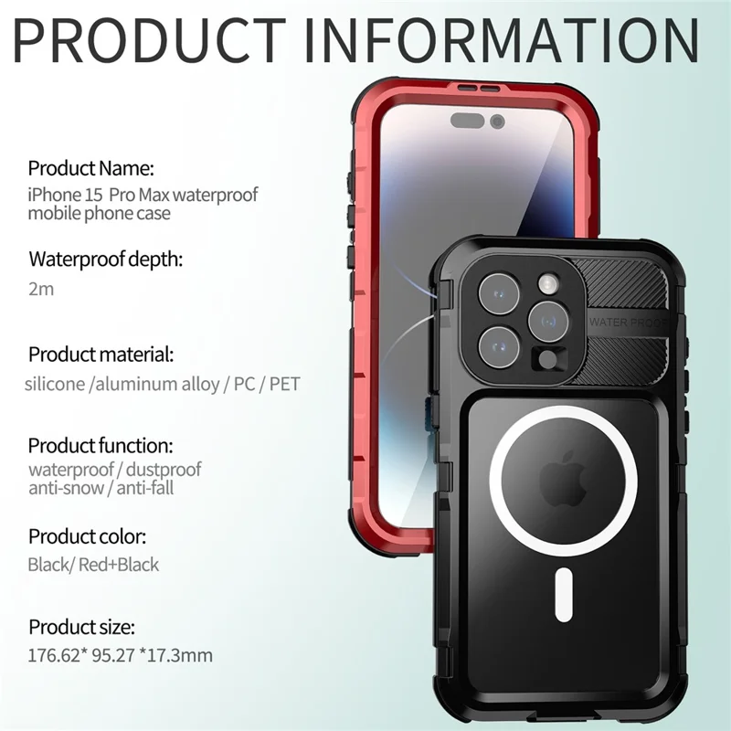 SHELLBOX M Series IP68 Waterproof Case for iPhone 15 Pro Max Case Metal Diving Phone Case Compatible with MagSafe - Red