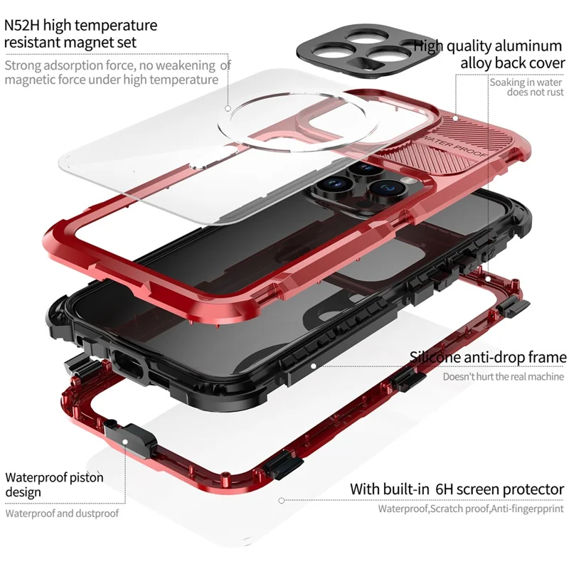SHELLBOX M Series IP68 Waterproof Case for iPhone 15 Pro Max Case Metal Diving Phone Case Compatible with MagSafe - Red
