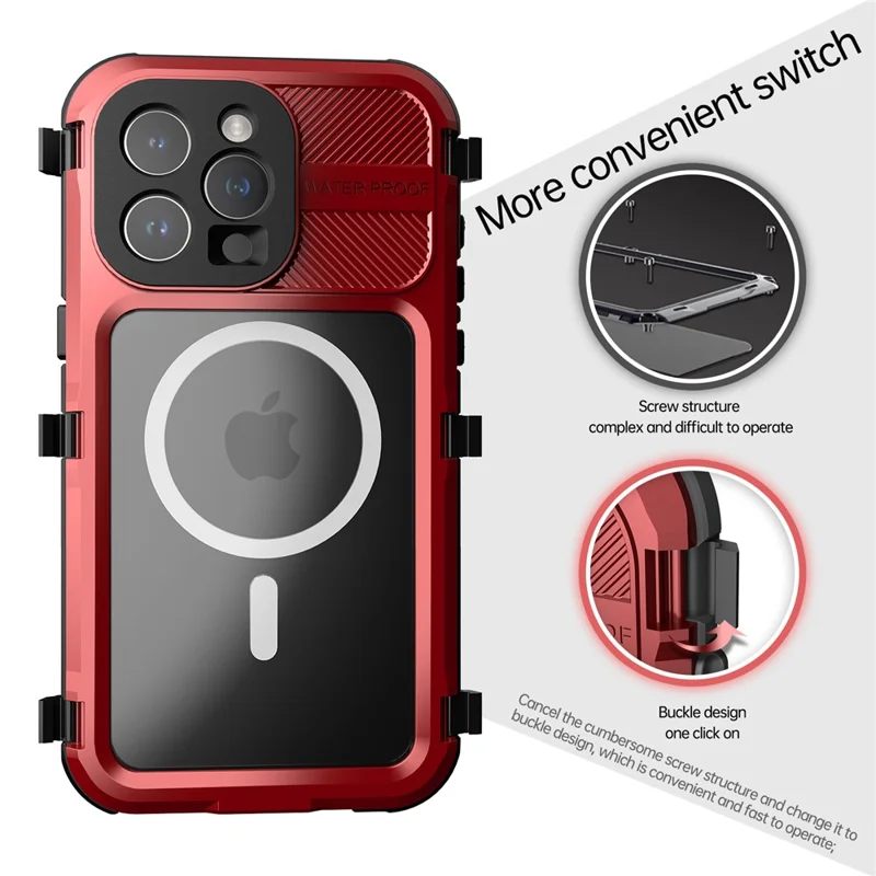 SHELLBOX M Series IP68 Waterproof Case for iPhone 15 Pro Max Case Metal Diving Phone Case Compatible with MagSafe - Red