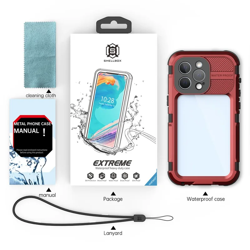 SHELLBOX M Series for iPhone 13 Pro 6.1 inch Waterproof Case Metal IP68 Diving Phone Case - Red