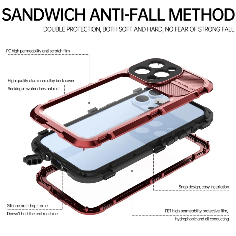 SHELLBOX M Series for iPhone 13 Pro 6.1 inch Waterproof Case Metal IP68 Diving Phone Case - Red