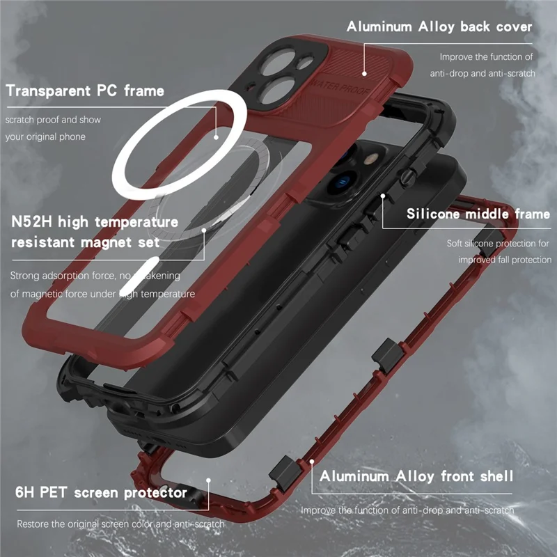 SHELLBOX M Series Diving Phone Case for iPhone 14 Metal IP68 Waterproof Case Compatible with MagSafe - Red