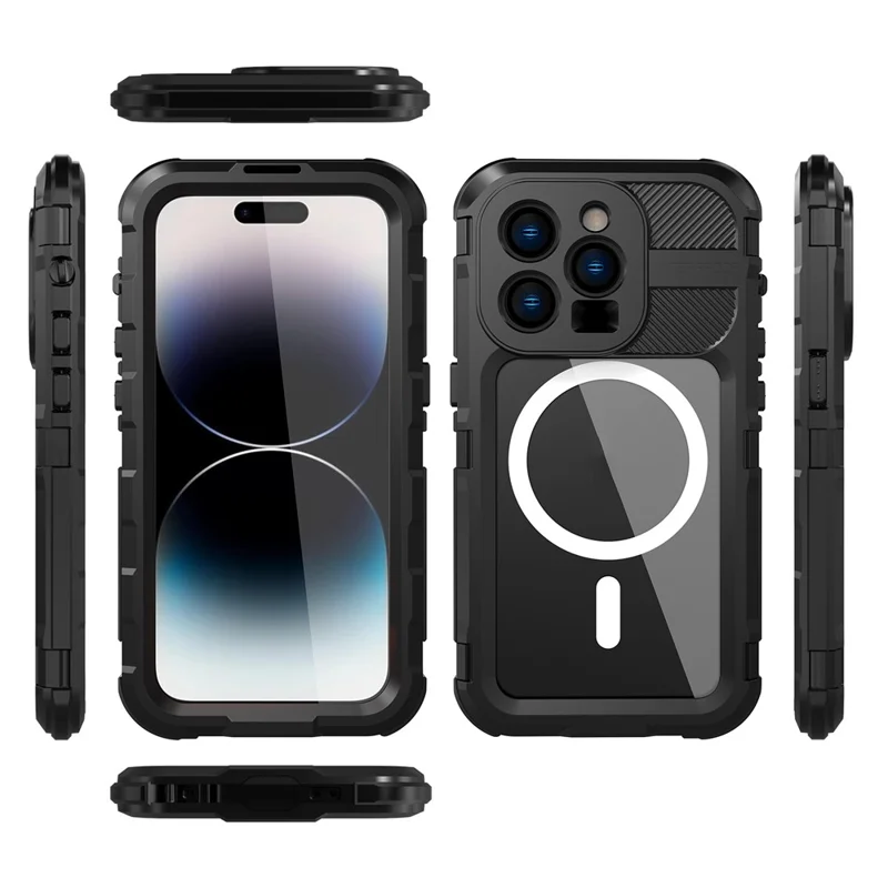 SHELLBOX M-serie Metaal IP68 Waterdichte Hoes voor iPhone 14 Pro Duiktelefoonhoes Compatibel met MagSafe - Zwart
