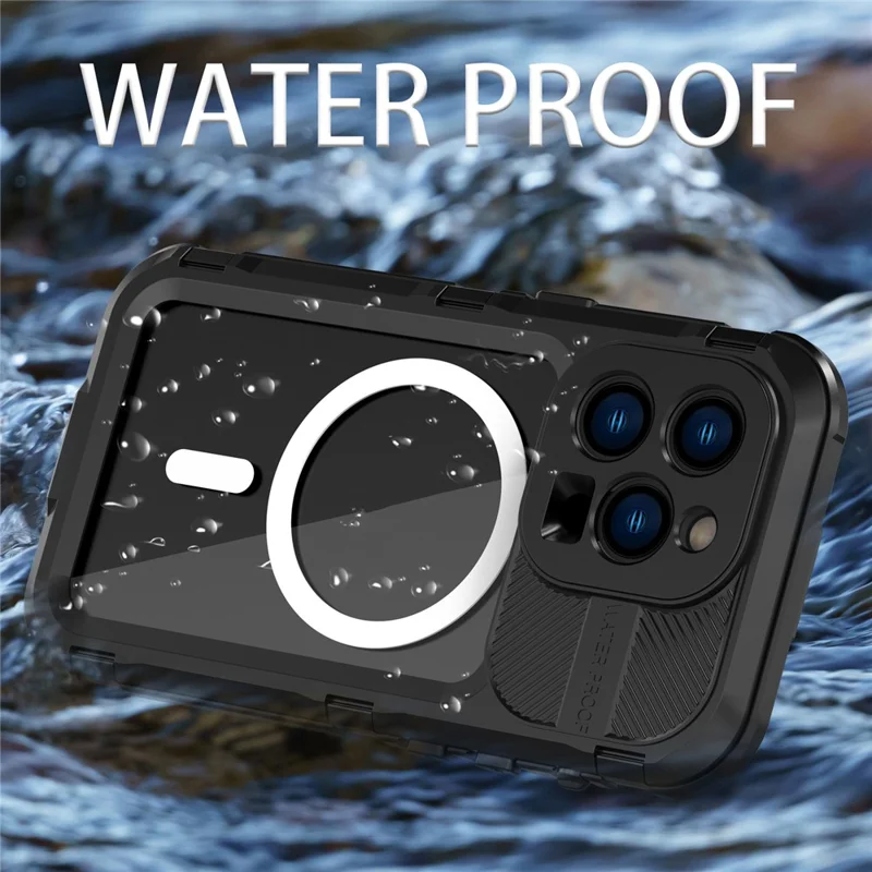 SHELLBOX M-serie Metaal IP68 Waterdichte Hoes voor iPhone 14 Pro Duiktelefoonhoes Compatibel met MagSafe - Zwart