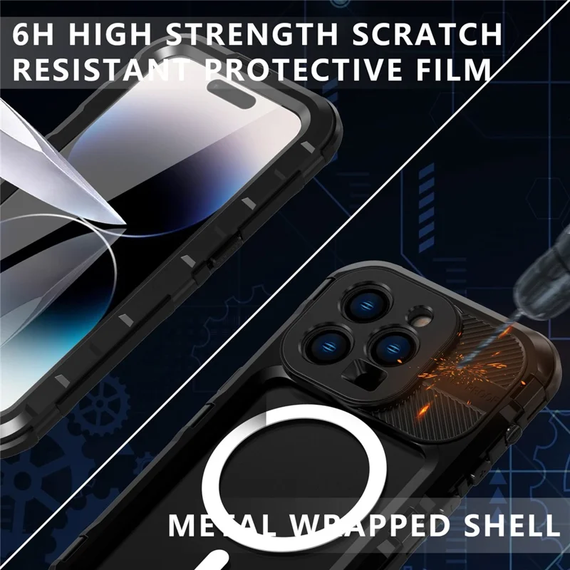 SHELLBOX M-serie Metaal IP68 Waterdichte Hoes voor iPhone 14 Pro Duiktelefoonhoes Compatibel met MagSafe - Zwart