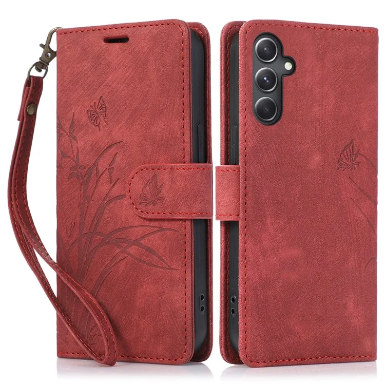 Pour Samsung Galaxy A25 5G (Global) (161,0 x 76,5 x 8,3 mm) Étui de téléphone magnétique à motif papillon orchidée Logements pour cartes Housse portefeuille - Rouge