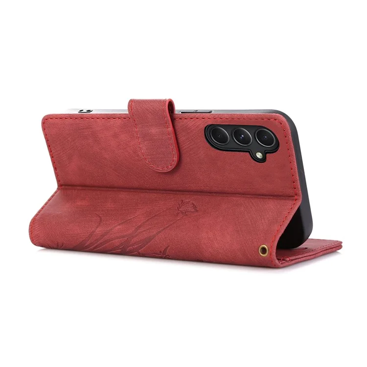 Pour Samsung Galaxy A25 5G (Global) (161,0 x 76,5 x 8,3 mm) Étui de téléphone magnétique à motif papillon orchidée Logements pour cartes Housse portefeuille - Rouge