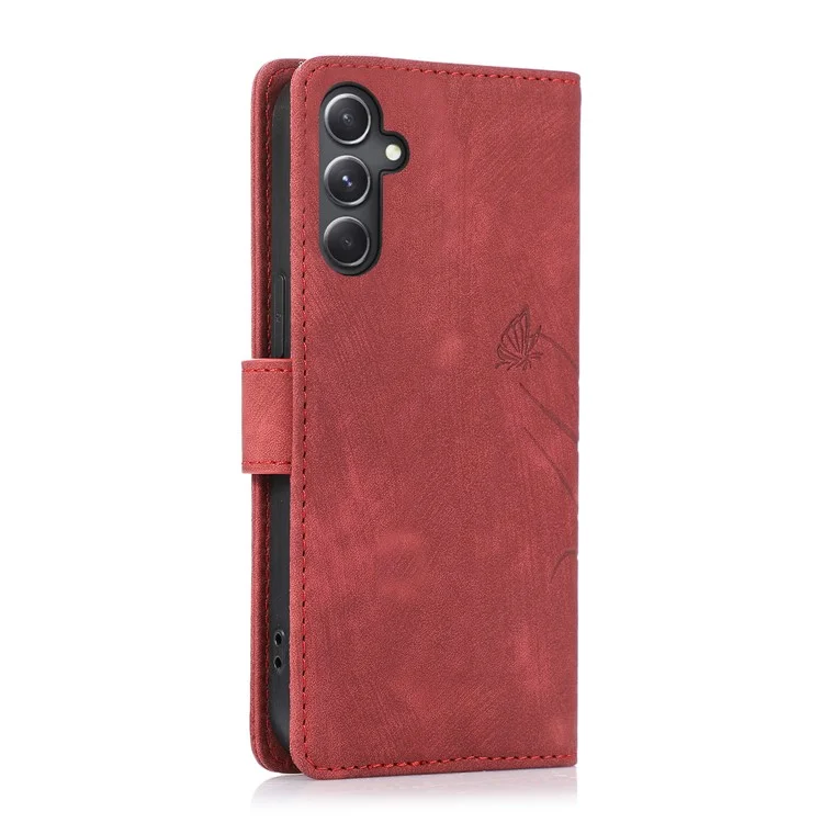 Pour Samsung Galaxy A25 5G (Global) (161,0 x 76,5 x 8,3 mm) Étui de téléphone magnétique à motif papillon orchidée Logements pour cartes Housse portefeuille - Rouge