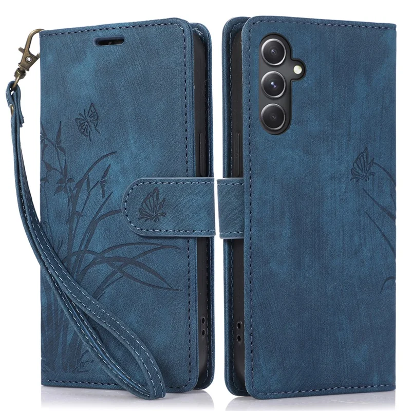 For Samsung Galaxy A25 5G (Global) (161.0 x 76.5 x 8.3mm) Magnetic Phone Case Orchid Butterfly Pattern Card Slots Wallet Cover - Blue