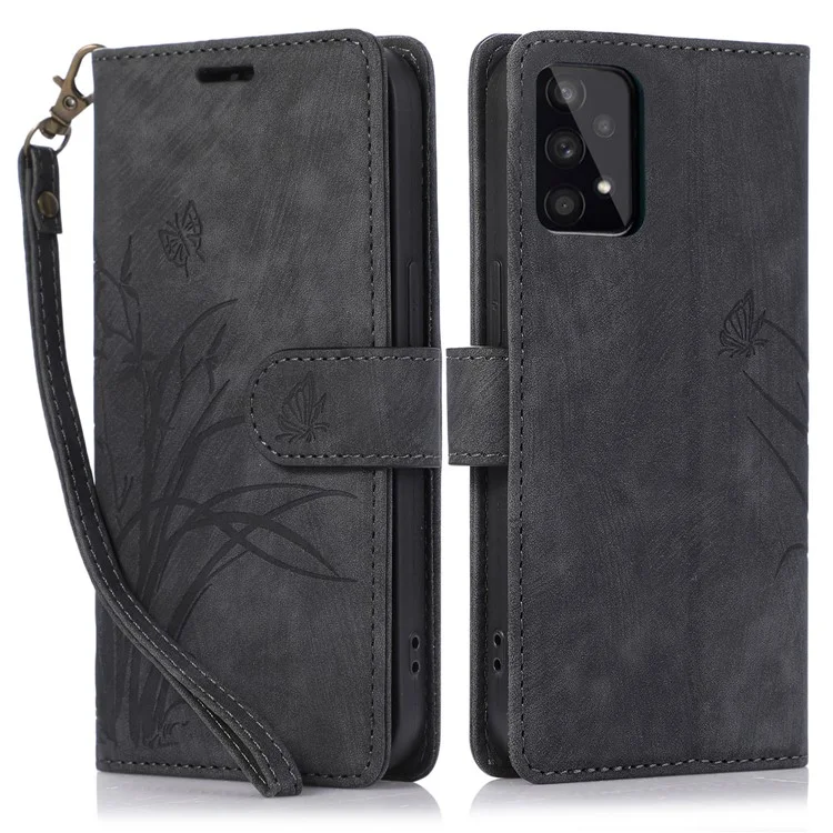 Funda de Cuero con Tapa Tipo Billetera para Samsung Galaxy A73 5G, Diseño de Orquídeas y Mariposas - Negro