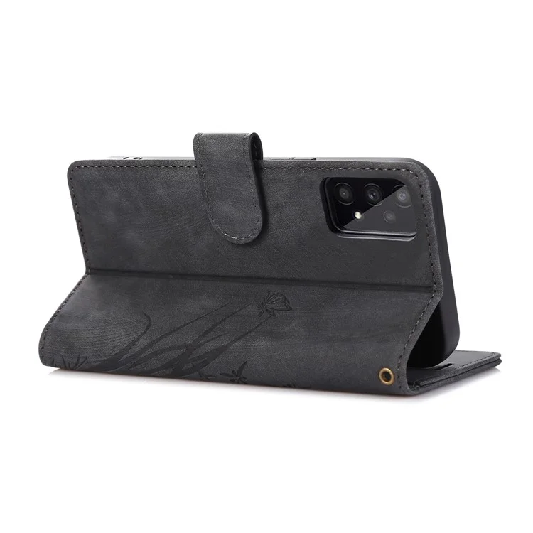 Funda de Cuero con Tapa Tipo Billetera para Samsung Galaxy A73 5G, Diseño de Orquídeas y Mariposas - Negro