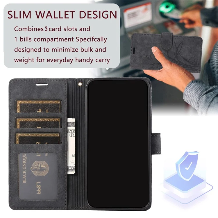 Funda de Cuero con Tapa Tipo Billetera para Samsung Galaxy A73 5G, Diseño de Orquídeas y Mariposas - Negro