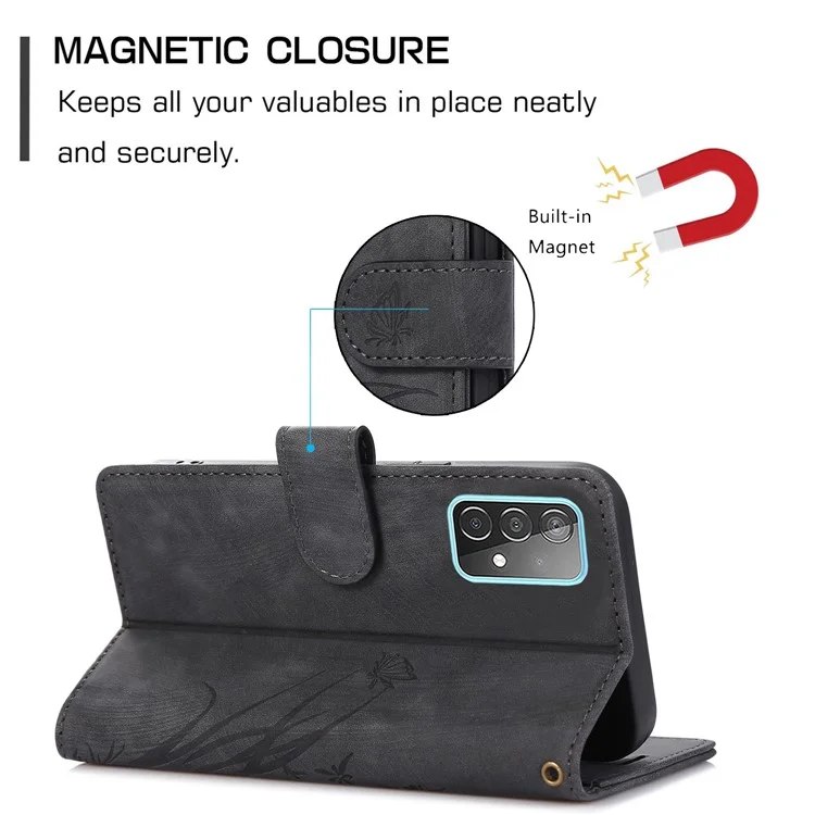 Funda de Cuero con Tapa Tipo Billetera para Samsung Galaxy A73 5G, Diseño de Orquídeas y Mariposas - Negro