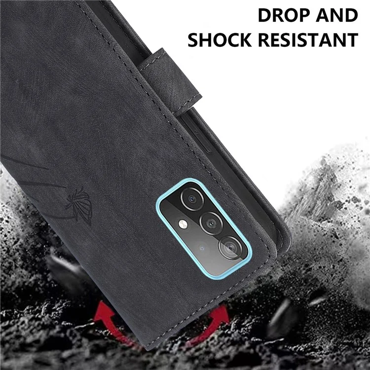 Funda de Cuero con Tapa Tipo Billetera para Samsung Galaxy A73 5G, Diseño de Orquídeas y Mariposas - Negro
