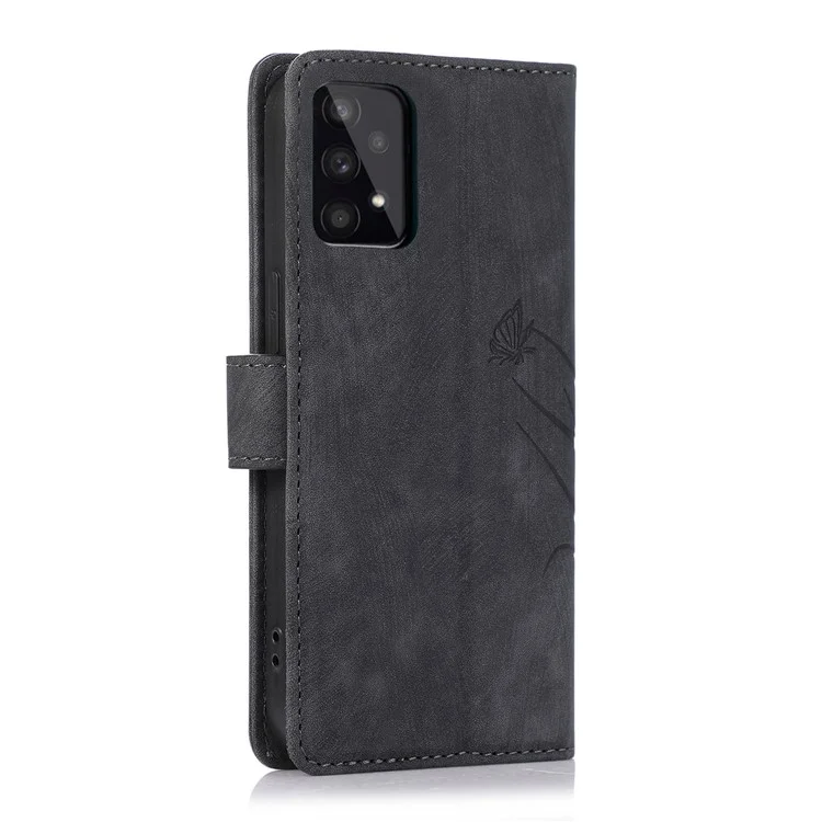 Funda de Cuero con Tapa Tipo Billetera para Samsung Galaxy A73 5G, Diseño de Orquídeas y Mariposas - Negro