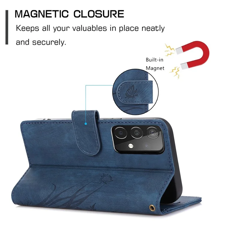 For Samsung Galaxy A05s 4G Leather Case with Strap Orchid Butterfly Pattern - Blue