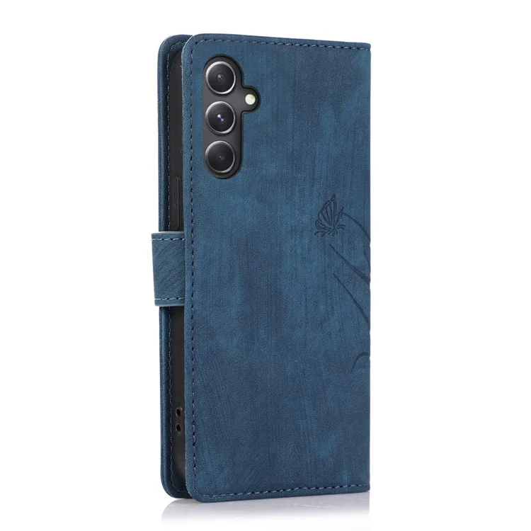 For Samsung Galaxy A05s 4G Leather Case with Strap Orchid Butterfly Pattern - Blue