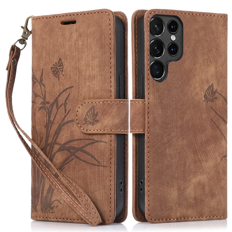 For Samsung Galaxy S23 Ultra Phone Case Imprinted Orchid Butterfly Flip Wallet Cover - Brown