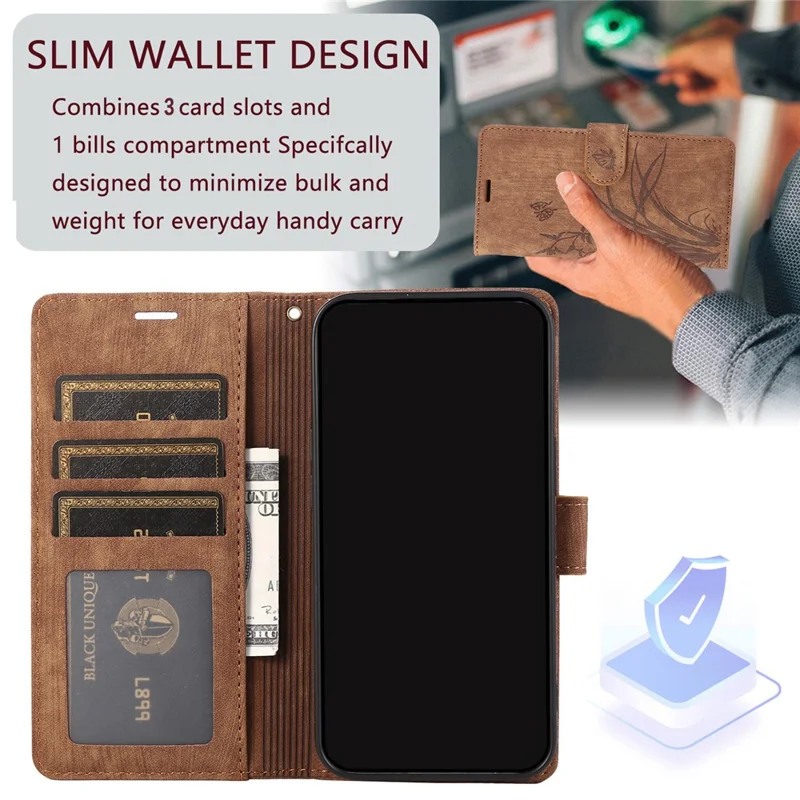 For Samsung Galaxy S23 Ultra Phone Case Imprinted Orchid Butterfly Flip Wallet Cover - Brown