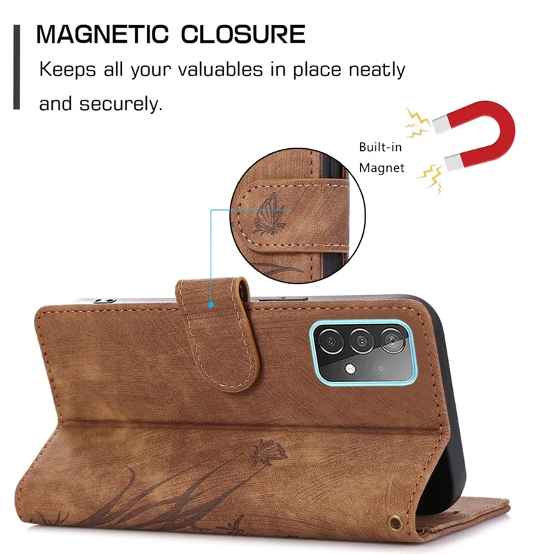 For Samsung Galaxy S23 Ultra Phone Case Imprinted Orchid Butterfly Flip Wallet Cover - Brown