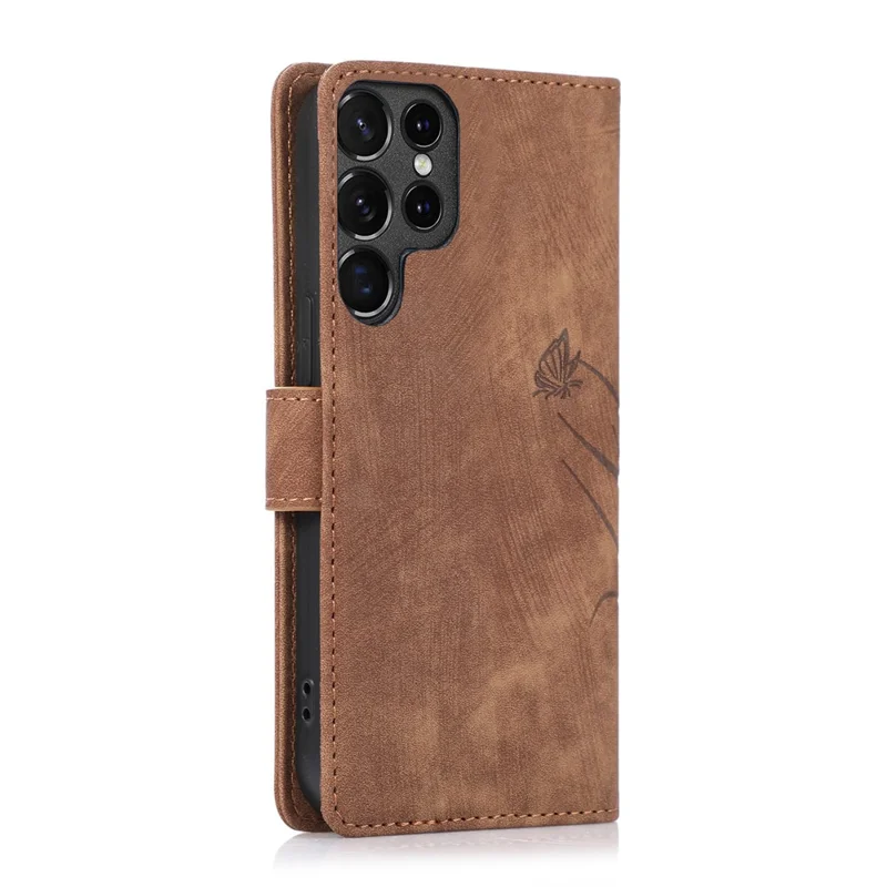 For Samsung Galaxy S23 Ultra Phone Case Imprinted Orchid Butterfly Flip Wallet Cover - Brown