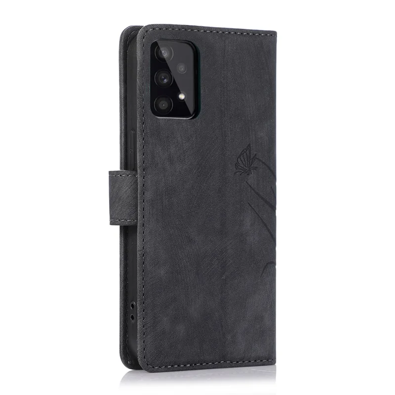 Leather Cover for Samsung Galaxy A33 5G Wallet Stand Case Orchid Butterfly Pattern - Black