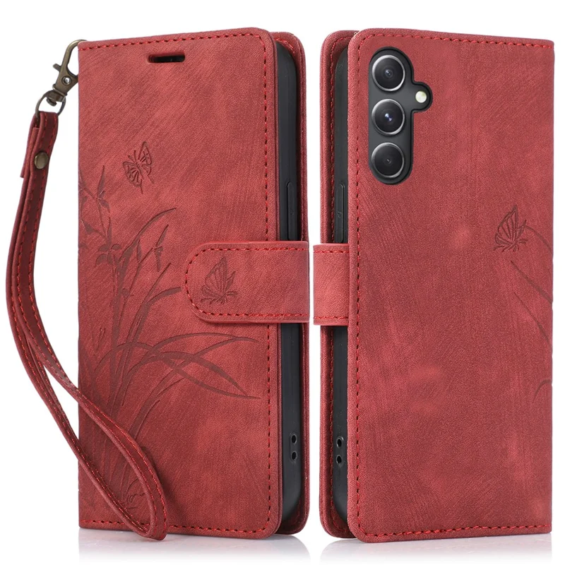For Samsung Galaxy S24+ Leather Case Phone Wallet Orchid Butterfly Pattern - Red