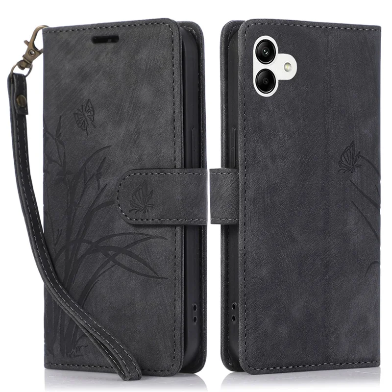 Para Samsung Galaxy A04e 4G / F04 4G / M04 4G Estuche de Cartera de Cuero con Patrón de Mariposa de Orquídeas - Negro