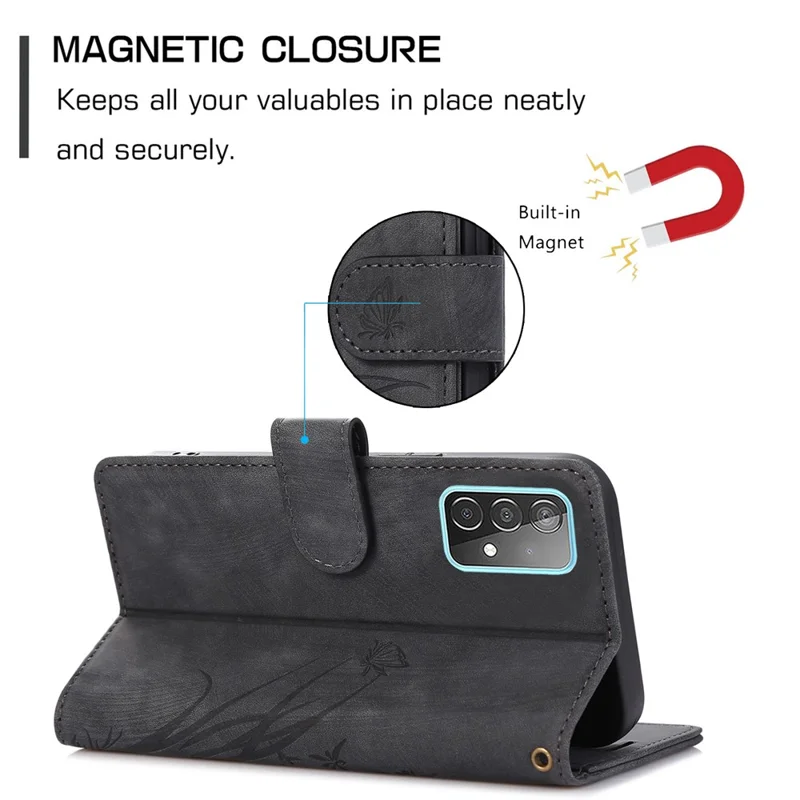 Para Samsung Galaxy A04e 4G / F04 4G / M04 4G Estuche de Cartera de Cuero con Patrón de Mariposa de Orquídeas - Negro